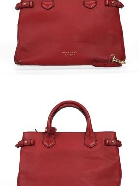 Burberry Red Pebbled Leather Satchel with Top Handles and Strap